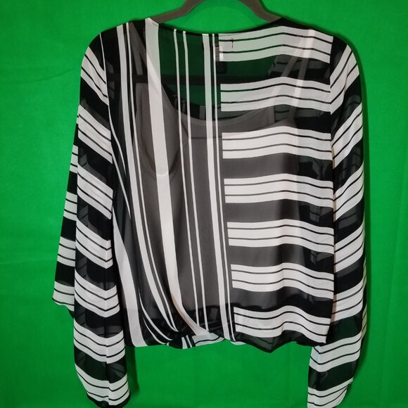 Alfani Sheer Elastic Waist Stripe Blouse W/ Cami Small Black White Bell Sleeve - Picture 2 of 3